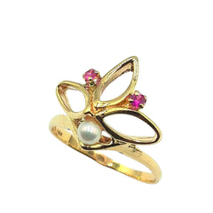 APPRAISED $600 - 14kt Yellow Gold Band with 2 Synthetic Rubies and 1 Cultured Pearl Set in a Lotus Design 