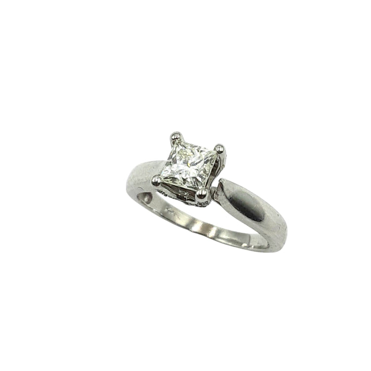 APPRAISED $3000 - 14kt White Gold Band with 18 Round Brilliant Diamonds - T. - .16ct and 1 Princess Cut Diamond Center - EST. - .80ct 