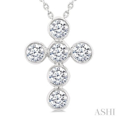1 Ctw Round Cut Diamond 6-Stone Bezel Set Cross Pendant With Chain in 14K White Gold
