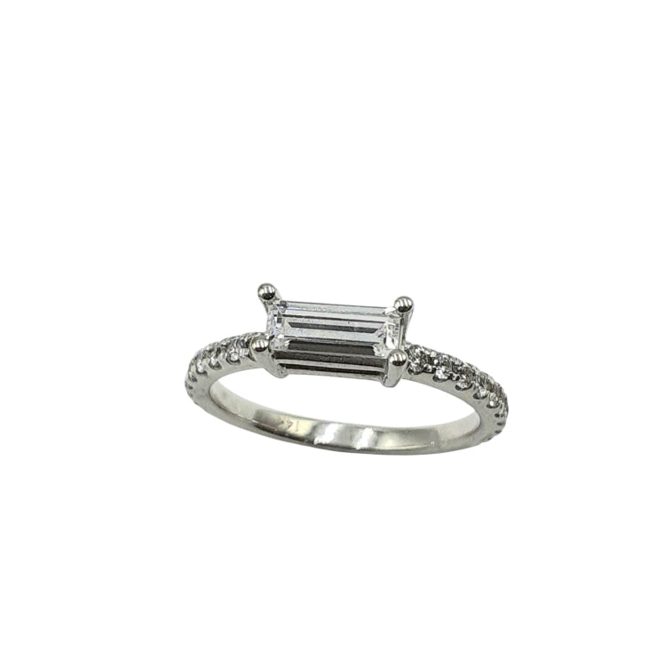 APPRAISED $350 - 14kt White Gold Band with 20 Round Cubic Zirconia on Sides (1.5mm) and 1 Rectangle Cubic Zirconia (7x2.7) Set in East/West 