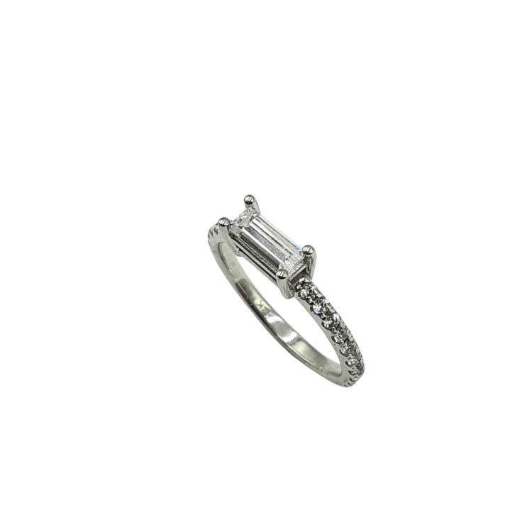 APPRAISED $350 - 14kt White Gold Band with 20 Round Cubic Zirconia on Sides (1.5mm) and 1 Rectangle Cubic Zirconia (7x2.7) Set in East/West 