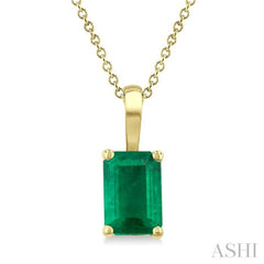 6X4 MM Octagon Shape Emerald Precious Solitaire Pendant With Chain in 14K Yellow Gold