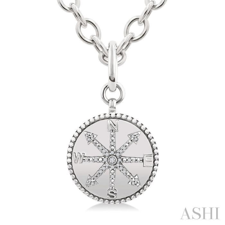 1/10 Ctw Compass medallion Single Cut Diamond Pendant With Chain in Sterling Silver