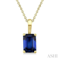 6X4 MM Octagon Shape  Sapphire Precious Solitaire Pendant With Chain in 14K Yellow Gold