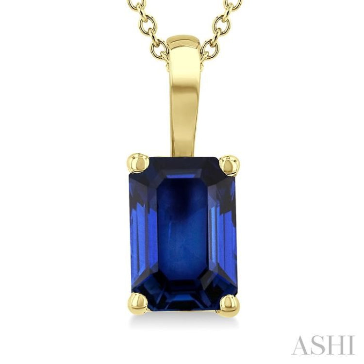 6X4 MM Octagon Shape  Sapphire Precious Solitaire Pendant With Chain in 14K Yellow Gold