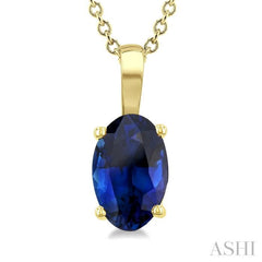 6X4 MM Oval Shape  Sapphire Precious Solitaire Pendant With Chain in 14K Yellow Gold