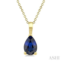 6X4 MM Pear Shape  Sapphire Precious Solitaire Pendant With Chain in 14K Yellow Gold