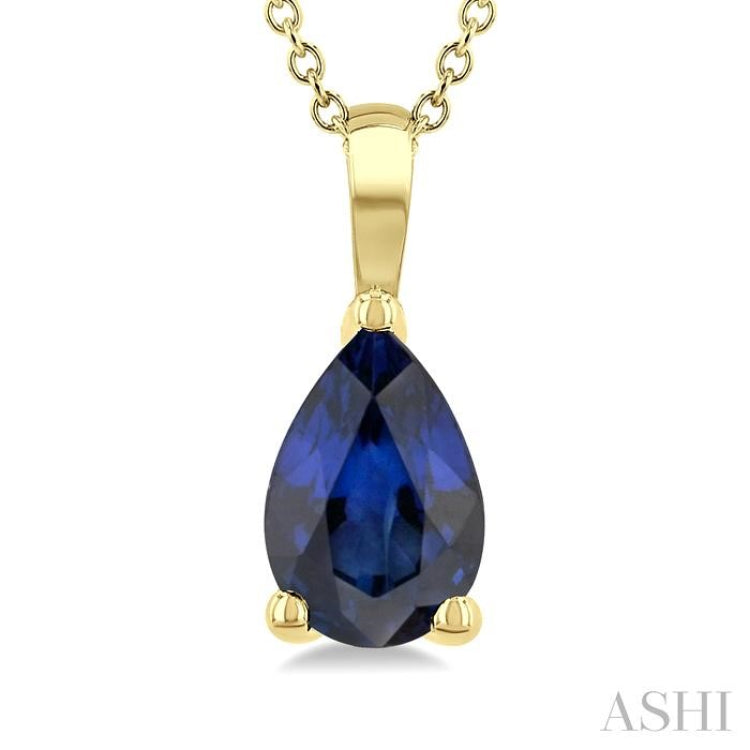6X4 MM Pear Shape  Sapphire Precious Solitaire Pendant With Chain in 14K Yellow Gold