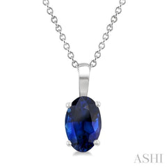 6X4 MM Oval Shape  Sapphire Precious Solitaire Pendant With Chain in 14K White Gold