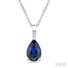 6X4 MM Pear Shape  Sapphire Precious Solitaire Pendant With Chain in 14K White Gold