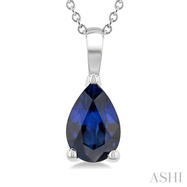 6X4 MM Pear Shape  Sapphire Precious Solitaire Pendant With Chain in 14K White Gold