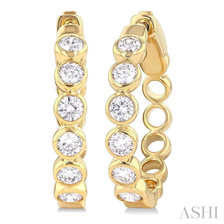 1 Ctw Bezel Set Round Cut Diamond Fashion Hoop Earrings in 14K Yellow Gold