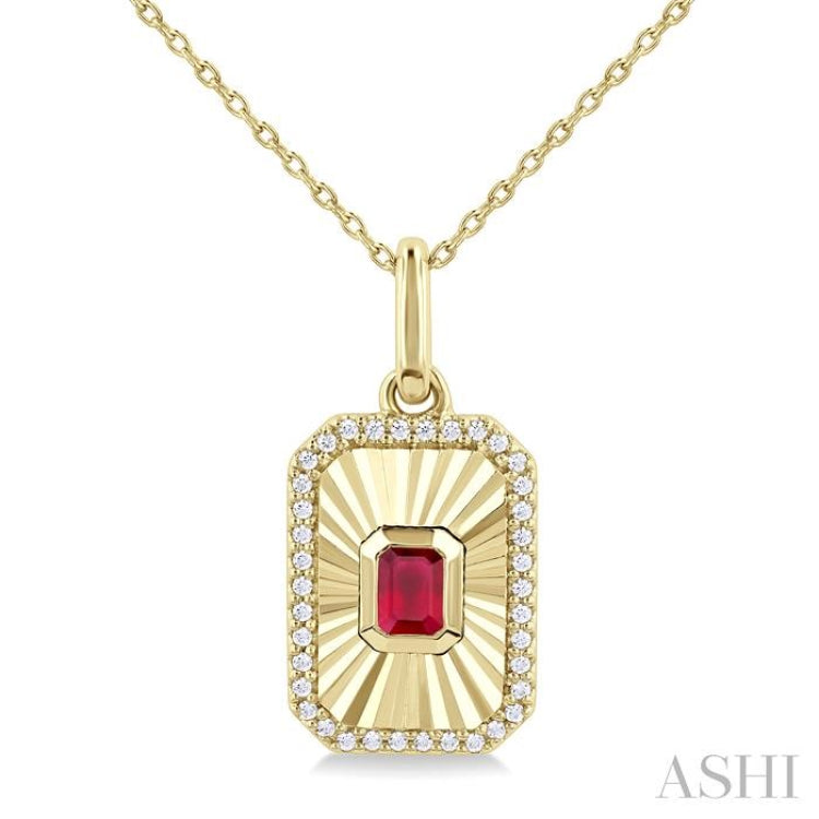 4X3 MM Octagon Shape Ruby and 1/8 Ctw Round Cut Diamond Precious Fluted Medallion Pendant in 10K Yellow Gold with Chain