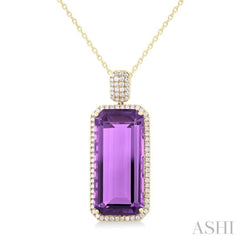 26x12 MM Emerald Cut Amethyst and 1/2 Ctw Round Cut Diamond Halo Semi-Precious Pendant With Paperclip Chain in 14K Yellow Gold