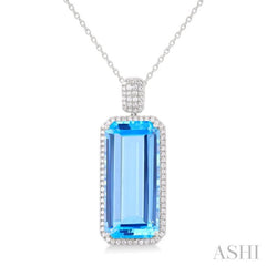 26x12 MM Emerald Cut Blue Topaz and 1/2 Ctw Round Cut Diamond Halo Semi-Precious Pendant With Paperclip Chain in 14K White Gold