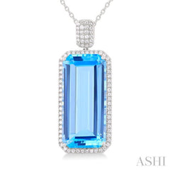 26x12 MM Emerald Cut Blue Topaz and 1/2 Ctw Round Cut Diamond Halo Semi-Precious Pendant With Paperclip Chain in 14K White Gold