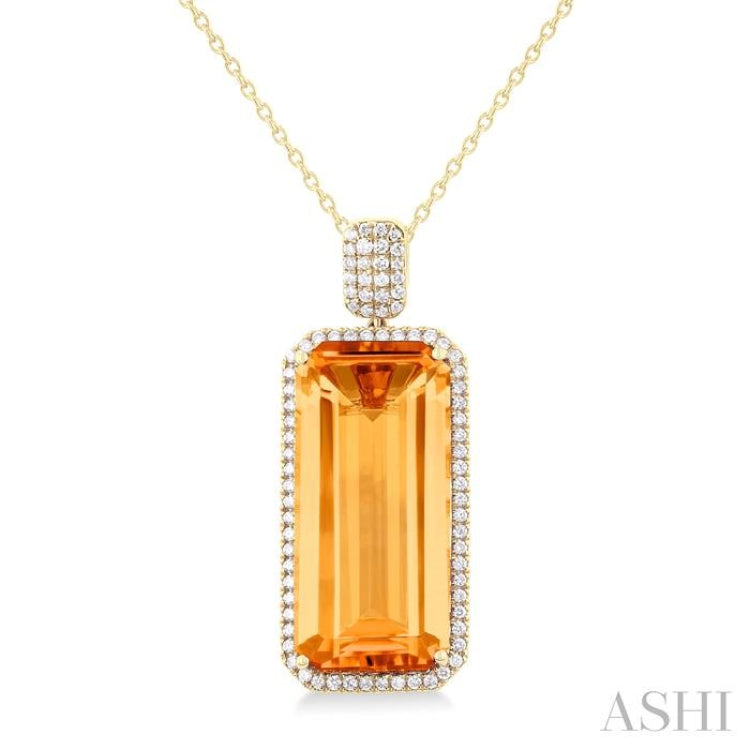 26x12 MM Emerald Cut Citrine and 1/2 Ctw Round Cut Diamond Halo Semi-Precious Pendant With Paperclip Chain in 14K Yellow Gold