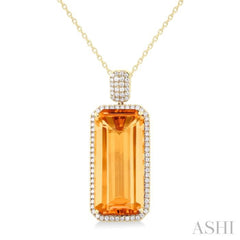 26x12 MM Emerald Cut Citrine and 1/2 Ctw Round Cut Diamond Halo Semi-Precious Pendant With Paperclip Chain in 14K Yellow Gold
