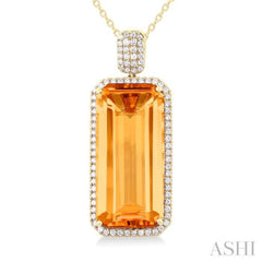 26x12 MM Emerald Cut Citrine and 1/2 Ctw Round Cut Diamond Halo Semi-Precious Pendant With Paperclip Chain in 14K Yellow Gold