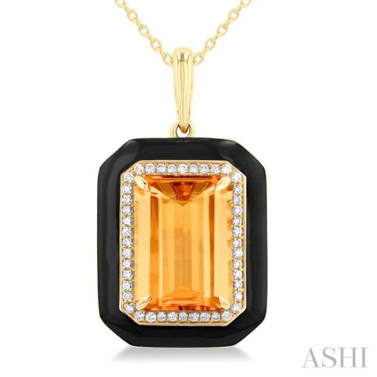 14x10 MM Emerald Cut Citrine and 1/5 Ctw Round Cut Diamond Halo & Black Enamel Border Semi-Precious Pendant With Chain in 14K Yellow Gold