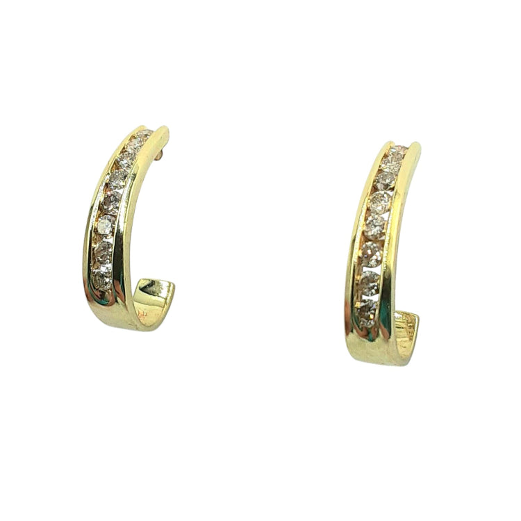APPRAISED $550 - 10kt Yellow Gold Channel "J" Hoops with 16 Round Brilliant Diamonds - T. - .44ct 