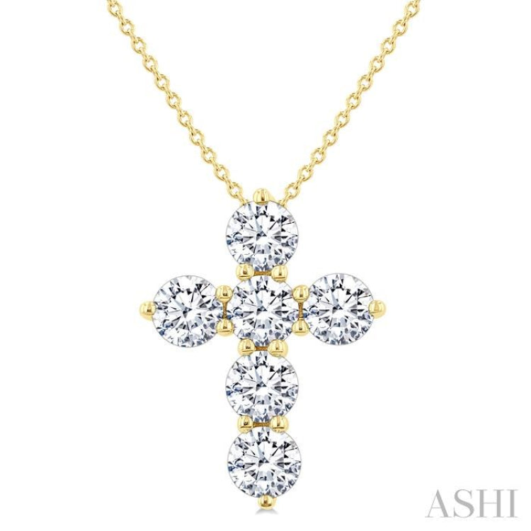 2 Ctw Round Cut Diamond Christian Cross 6-Stone Fashion Pendant With Chain in 14K Yellow Gold