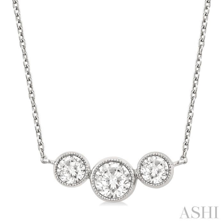 1.00 Ctw Past, Present & Future 3-Stone Bezel Set Round Cut Diamond Necklace in 14K White Gold