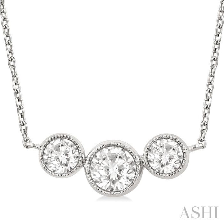 1.00 Ctw Past, Present & Future 3-Stone Bezel Set Round Cut Diamond Necklace in 14K White Gold