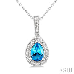 7X5 MM Pear Shape Blue Topaz  and 1/50 Ctw Single Cut Diamond Semi-precious Pendant With Chain in Sterling Silver