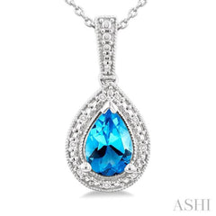7X5 MM Pear Shape Blue Topaz  and 1/50 Ctw Single Cut Diamond Semi-precious Pendant With Chain in Sterling Silver