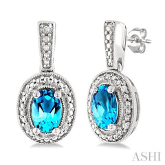 6X4 MM Oval Shape Blue Topaz  and 1/50 Ctw Single Cut Diamond Semi-Precious Earrings in Sterling Silver