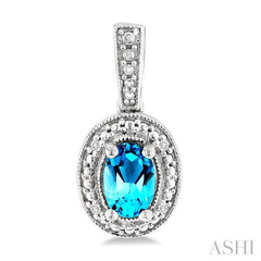 6X4 MM Oval Shape Blue Topaz  and 1/50 Ctw Single Cut Diamond Semi-Precious Earrings in Sterling Silver