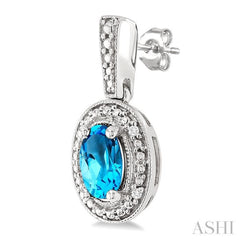6X4 MM Oval Shape Blue Topaz  and 1/50 Ctw Single Cut Diamond Semi-Precious Earrings in Sterling Silver