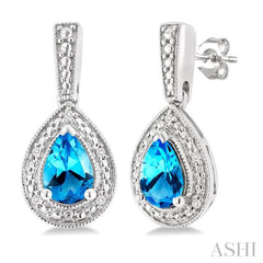 6X4 MM Pear Shape Blue Topaz  and 1/50 Ctw Single Cut Diamond Semi-Precious Earrings in Sterling Silver