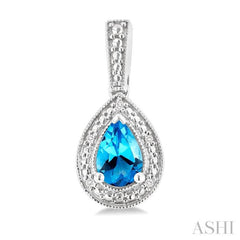 6X4 MM Pear Shape Blue Topaz  and 1/50 Ctw Single Cut Diamond Semi-Precious Earrings in Sterling Silver