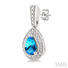 6X4 MM Pear Shape Blue Topaz  and 1/50 Ctw Single Cut Diamond Semi-Precious Earrings in Sterling Silver