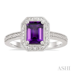 7x5 MM Octagon Shape Amethyst and 1/50 Ctw Round Cut Diamond Semi-precious Ring in Sterling Silver