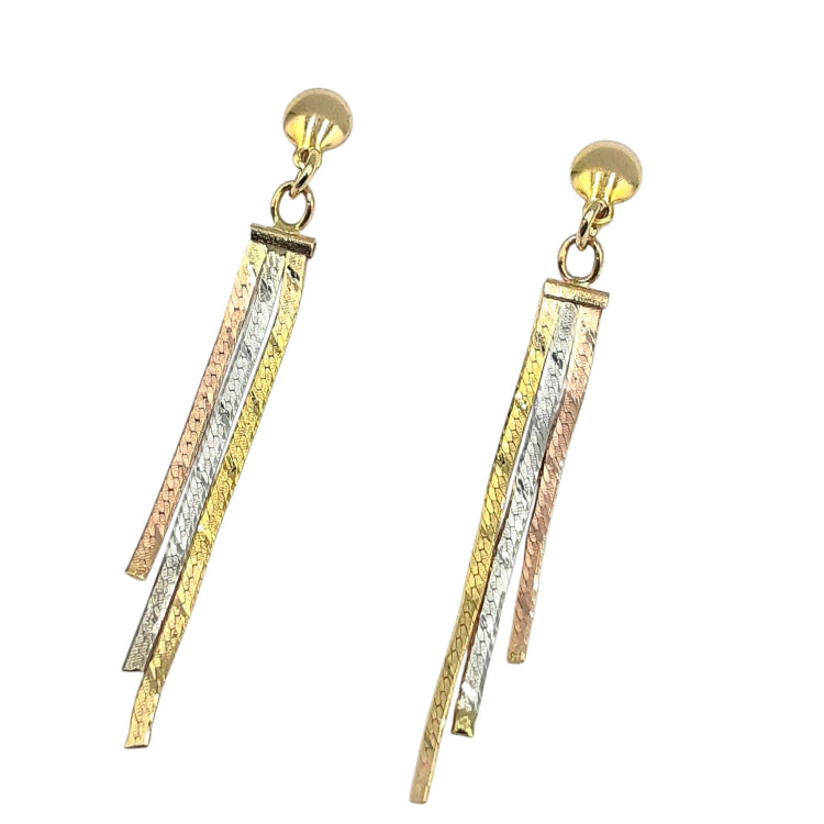 APPRAISED $325 - 14kt Tri-Gold Herringbone Chain Dangle Earrings 