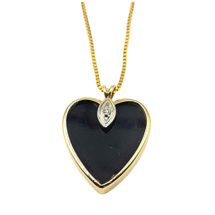 APPRAISED $500 - 14kt Yellow Gold Pendant with 1 Heart-Shaped Onyx (15x13mm) with 1 Round Brilliant Diamond - T. - .01ct 