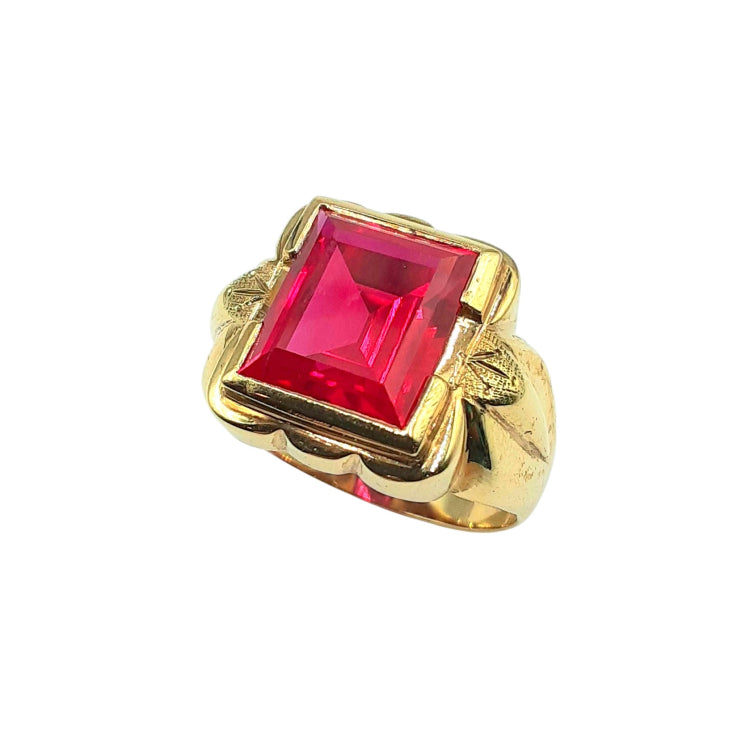 APPRAISED $650 - 10kt Yellow Gold Band with 1 Rectangle Synthetic Red Spinel (12x10mm)