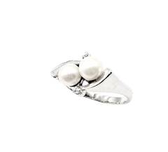 APPRAISED $650- 10KT White Gold Bypass Ring with Cultured Pearls & Single Cut Diamonds