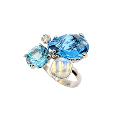 APPRAISED $1750- 18KT White Gold Ring with Blue Topaz, Moonstone, Blue Zircon, and a Round Brilliant Diamond