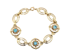 APPRAISED $2100- 10KT Yellow Gold Ring with 3 Round Blue Zircon in Circle Links Alternating with Oval Links