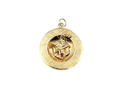14KT Yellow Gold Disc Charm with a Cabin & a Round Imitation Ruby