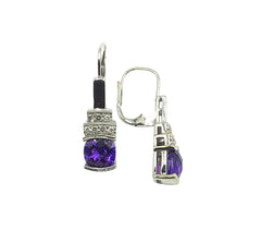 APPRAISED $500- 10KT White Gold Leverback Earrings with 2 Checkerboard Cut Amethyst (6MM) and 14 Round Brilliant Diamonds -T-.14CT