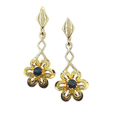 APPRAISED $900- 14KT Yellow Gold Flower Designed Dangle Sapphire Earrings