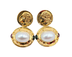 APPRAISED $3000- 14KT Yellow Gold Oval Etruscan Coin Design Dangle Earrings with Mabe Pearls & Oval Green and Pink Tournamalines