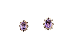 APPRAISED $800- 14KT Rose Gold Studs with Oval Amethyst surrounded by Round Smoky Quartz & White Topaz