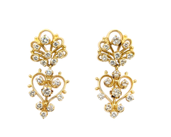 APPRAISED $3500- 14KT Yellow Gold Heart Designed Dangle Earrings with Round Brilliant Diamonds