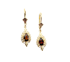 APPRAISED $500- 14KT Yellow Gold Leverback Dangle Earrings with Pear Shaped Garnets
